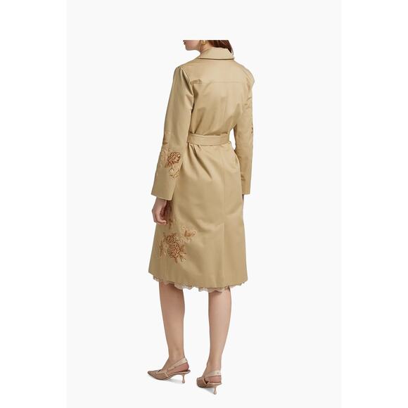 L'AGENCE Venus Floral-Embroidered Double-Breasted Trench Coat in Tan 2 - Picture 6 of 7